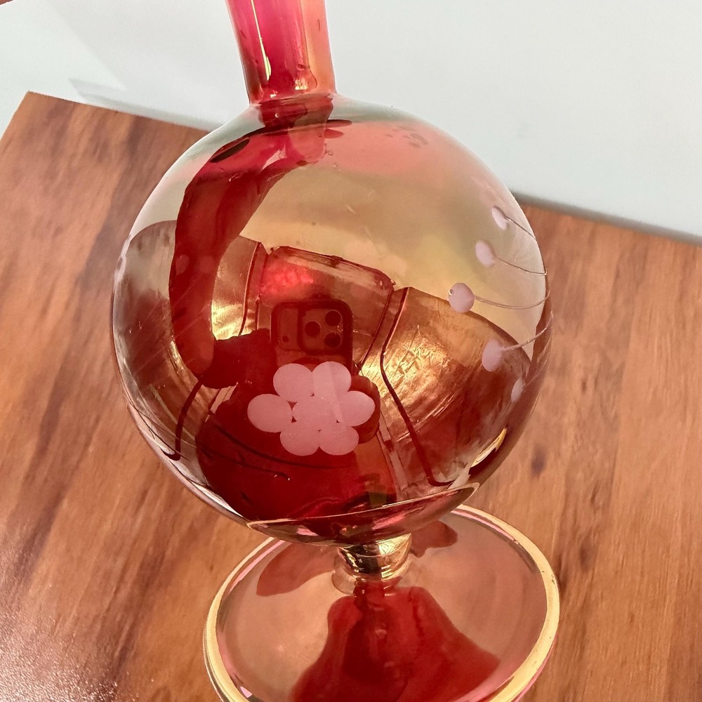 Hand Blown Egyptian Art Glass Perfume Bottle Cranberry Red Gold 12 Inch VTG 90s - Picture 6 of 13